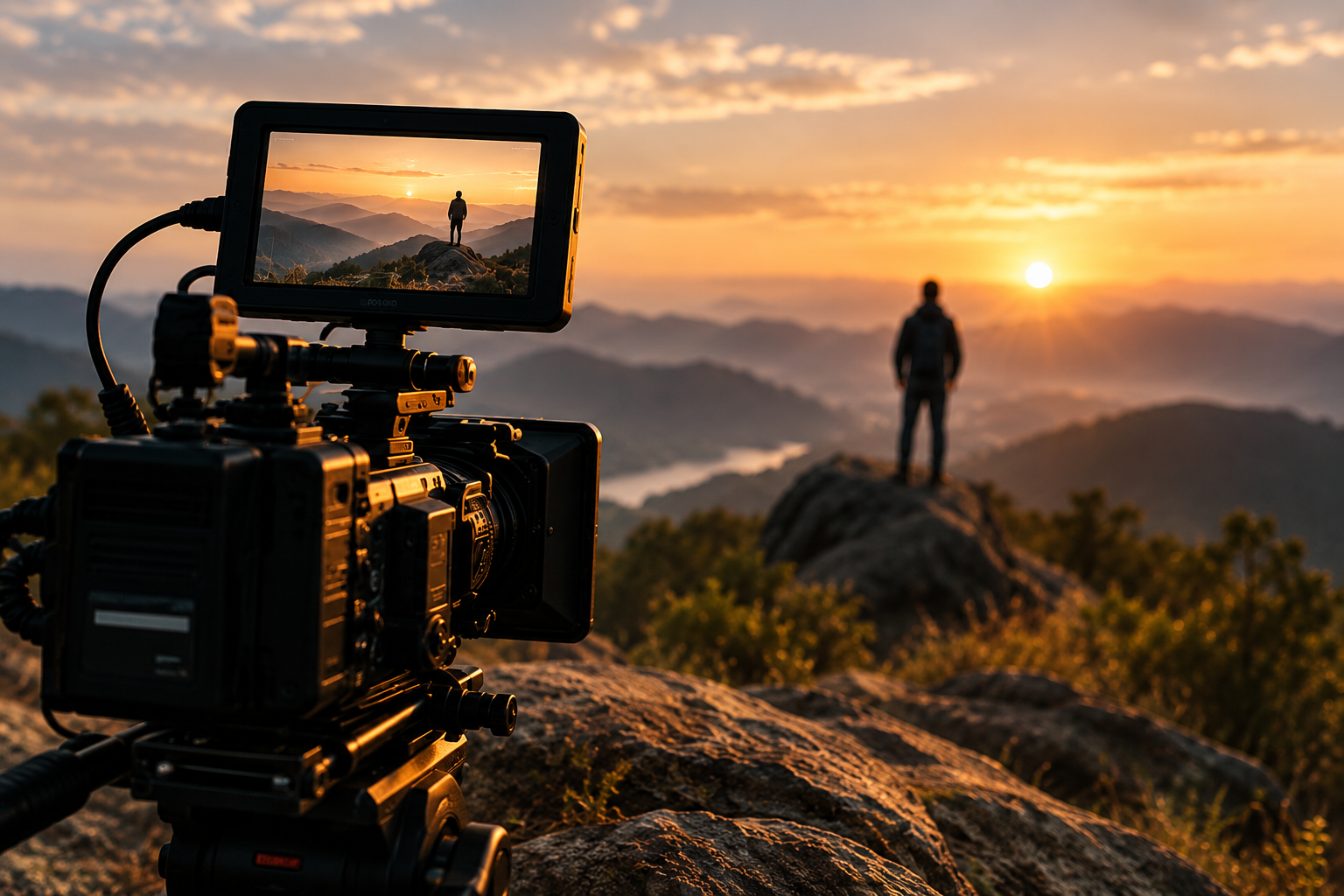 A camera filming a cinematic mountain scene